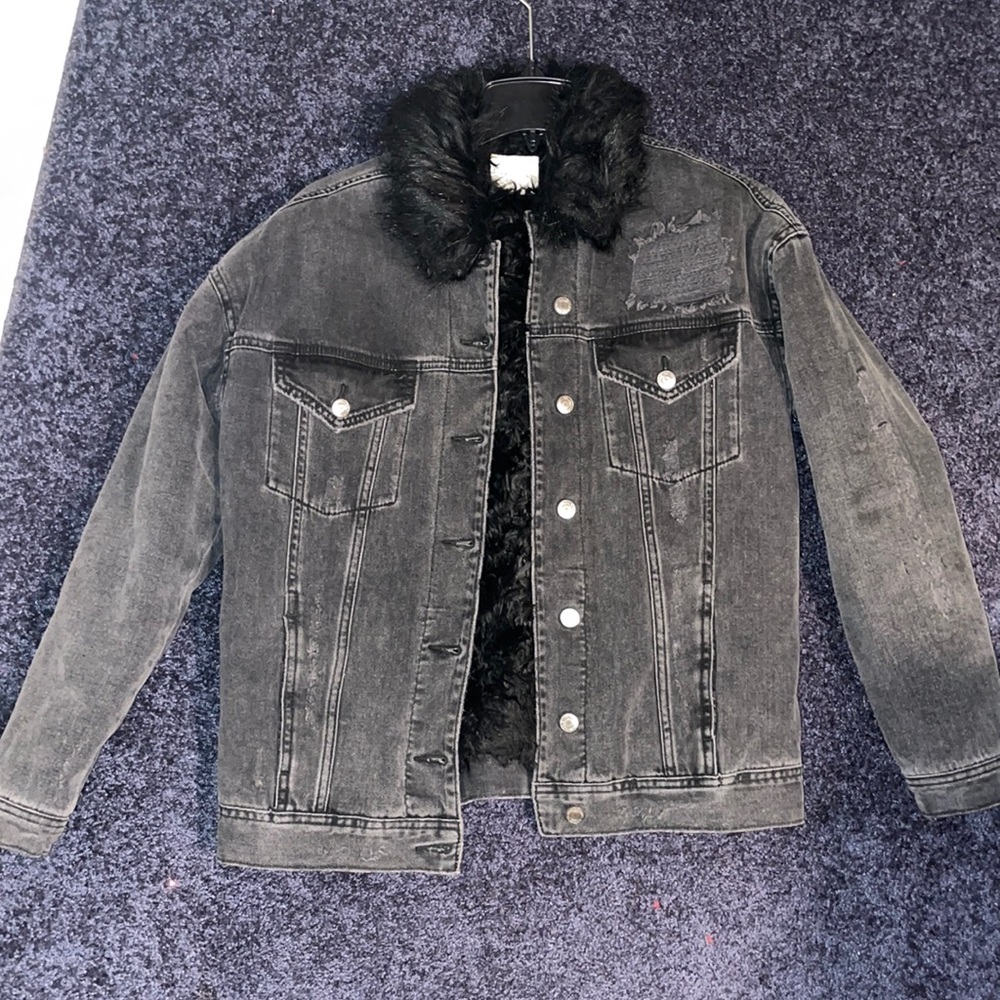 American Eagle size small destroyed black denim heavy furry down quilted jacket - Picture 1 of 10